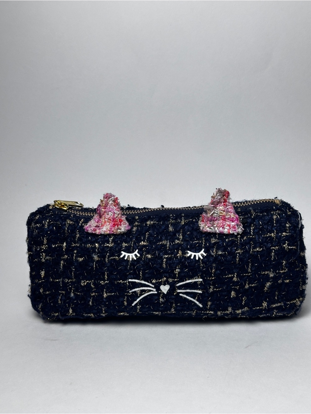 Anthropologie Cat Face Tweed Zip Pouch Navy Gold Pink Ears YKK